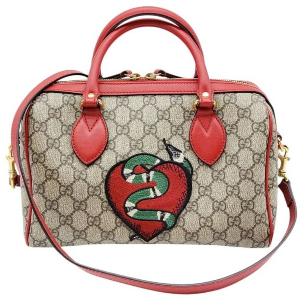 Authentic Gucci GG Supreme Tian Heart Snake Boston Bag Red Leather Crossbody